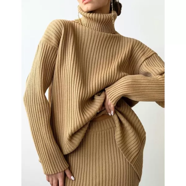 chouyatou Womens Two Piece Sweater Skirt Sets Ribbed Knit Turtleneck Sweater Bodycon Skirt 2 Piece OutfitsKhaki