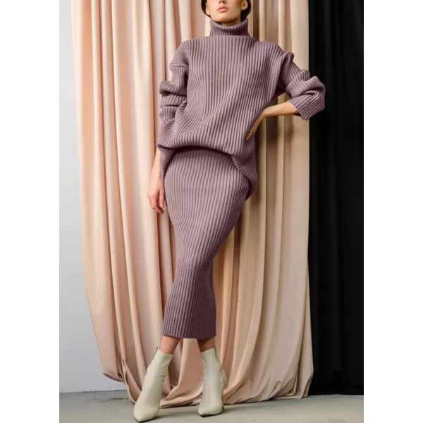 chouyatou Womens Two Piece Sweater Skirt Sets Ribbed Knit Turtleneck Sweater Bodycon Skirt 2 Piece OutfitsPurple