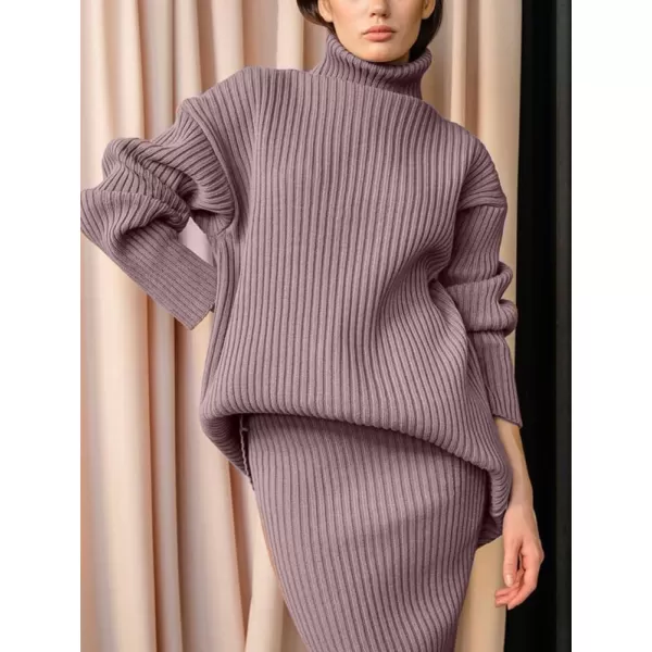 chouyatou Womens Two Piece Sweater Skirt Sets Ribbed Knit Turtleneck Sweater Bodycon Skirt 2 Piece OutfitsPurple