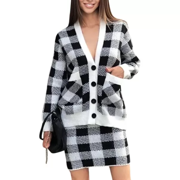 chouyatou Women 2 Piece Sweater Skirt Sets Plaid Knit Sweater Cardigan jacket Bodycon Mini Skirt OutfitsBlack