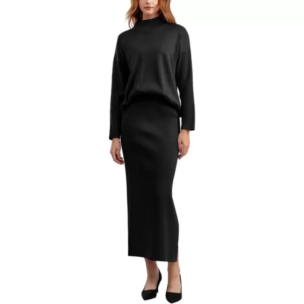 chouyatou Womens 2 Piece Outfits Knit Sweater Sets Mock Neck Sweater Top Side Split Bodycon Skirt SetsBlack