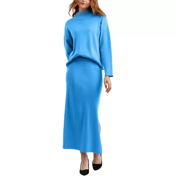 chouyatou Womens 2 Piece Outfits Knit Sweater Sets Mock Neck Sweater Top Side Split Bodycon Skirt SetsBlue