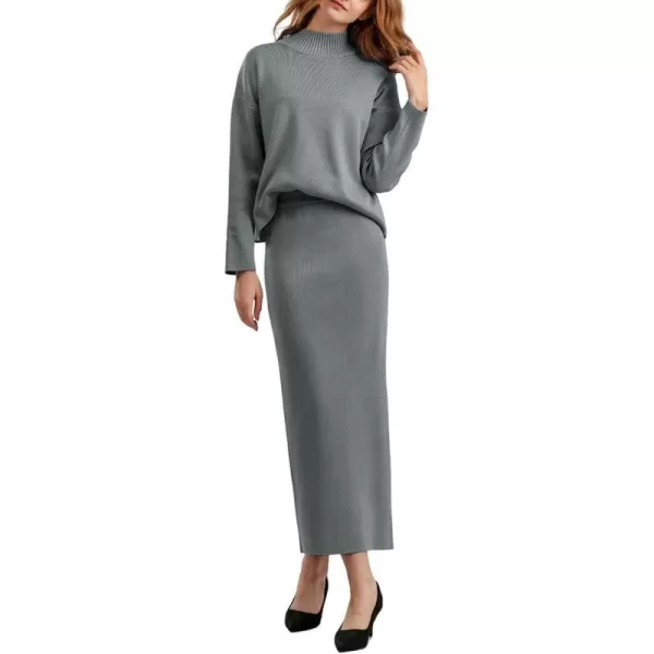 chouyatou Womens 2 Piece Outfits Knit Sweater Sets Mock Neck Sweater Top Side Split Bodycon Skirt SetsGrey