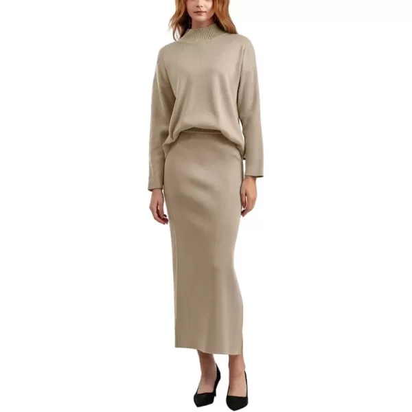 chouyatou Womens 2 Piece Outfits Knit Sweater Sets Mock Neck Sweater Top Side Split Bodycon Skirt SetsKhaki