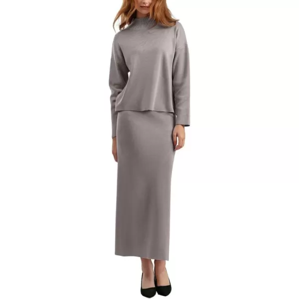 chouyatou Womens 2 Piece Outfits Knit Sweater Sets Mock Neck Sweater Top Side Split Bodycon Skirt SetsKhaki Grey
