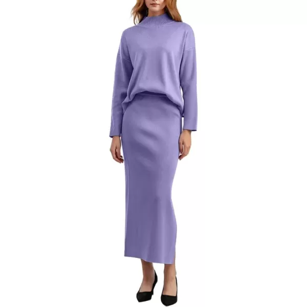 chouyatou Womens 2 Piece Outfits Knit Sweater Sets Mock Neck Sweater Top Side Split Bodycon Skirt SetsPurple