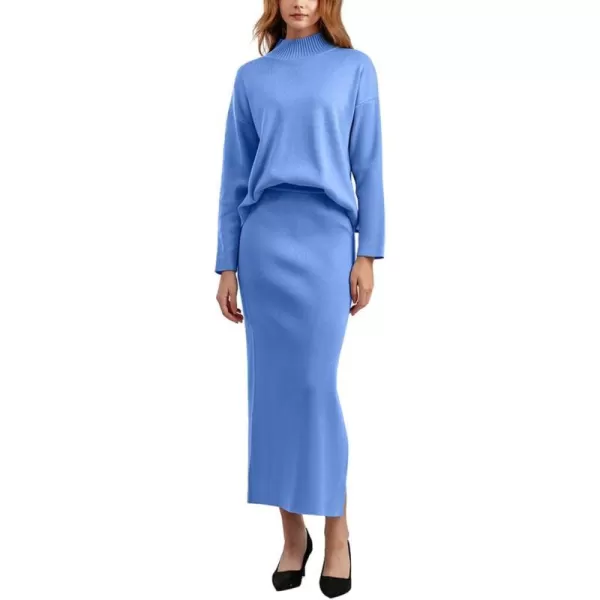 chouyatou Womens 2 Piece Outfits Knit Sweater Sets Mock Neck Sweater Top Side Split Bodycon Skirt SetsPurplish Blue