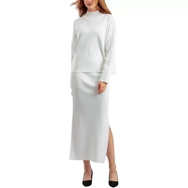 chouyatou Womens 2 Piece Outfits Knit Sweater Sets Mock Neck Sweater Top Side Split Bodycon Skirt SetsWhite