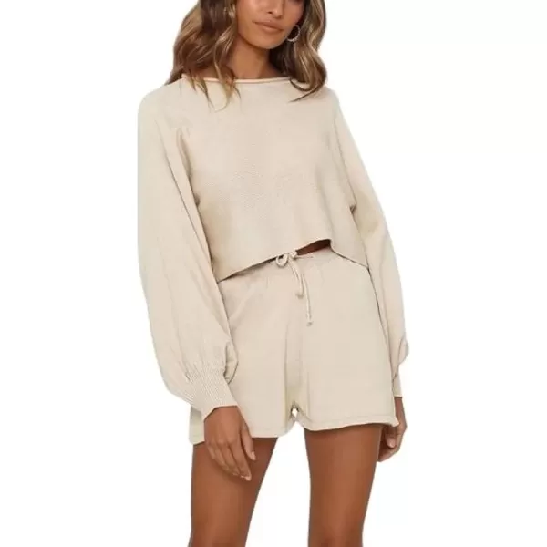 chouyatou Womens 2 Piece Outfits Lantern Sleeve Crop Knit Pullover Sweater Top Shorts SetsBeige