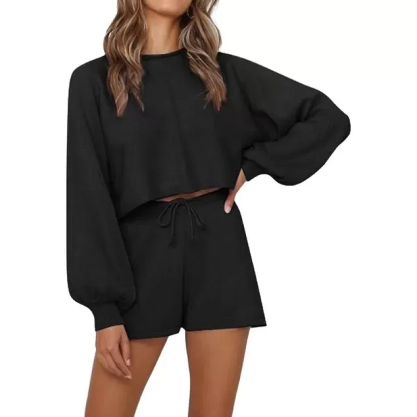 chouyatou Womens 2 Piece Outfits Lantern Sleeve Crop Knit Pullover Sweater Top Shorts SetsBlack