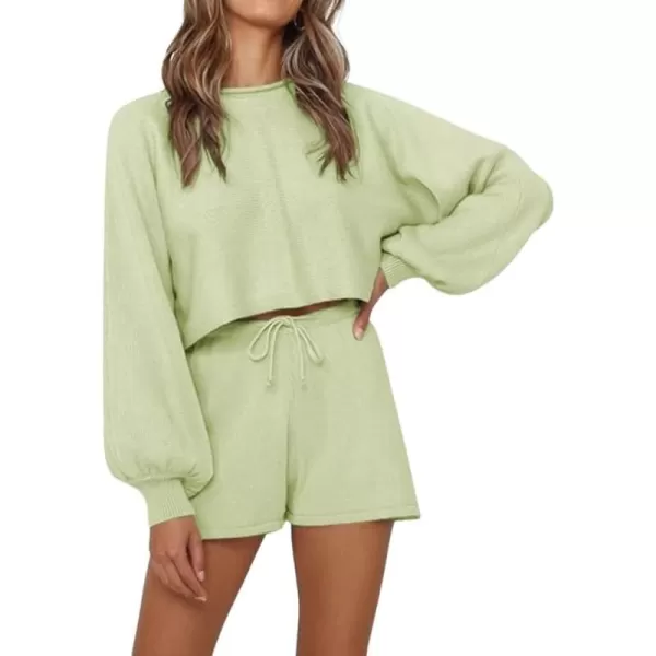 chouyatou Womens 2 Piece Outfits Lantern Sleeve Crop Knit Pullover Sweater Top Shorts SetsGreen