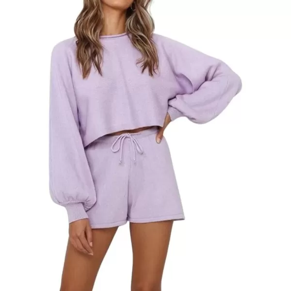 chouyatou Womens 2 Piece Outfits Lantern Sleeve Crop Knit Pullover Sweater Top Shorts SetsPurple