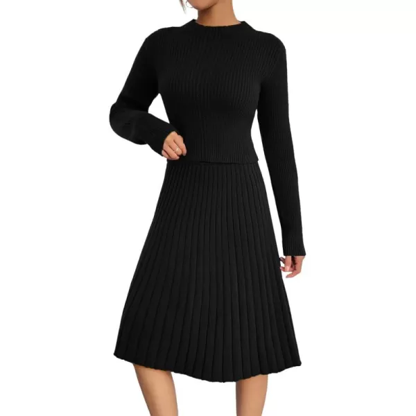 chouyatou Womens 2 Piece Outfits Long Sleeve Sweater Crop Top and Elastic Waist Aline Pleated Midi Skirt SetsBlack