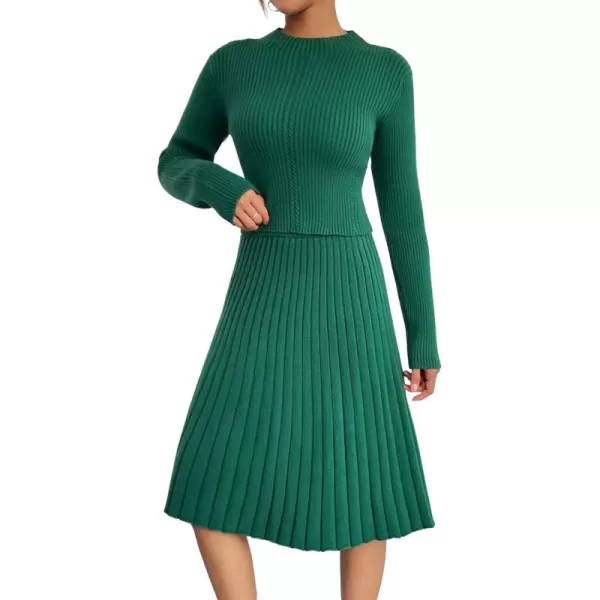 chouyatou Womens 2 Piece Outfits Long Sleeve Sweater Crop Top and Elastic Waist Aline Pleated Midi Skirt SetsGreen