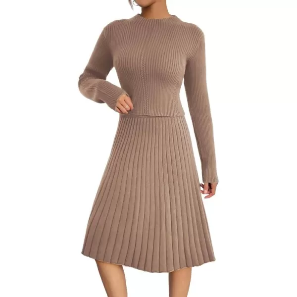 chouyatou Womens 2 Piece Outfits Long Sleeve Sweater Crop Top and Elastic Waist Aline Pleated Midi Skirt SetsKhaki
