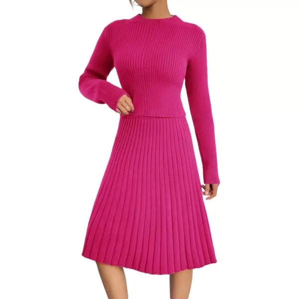 chouyatou Womens 2 Piece Outfits Long Sleeve Sweater Crop Top and Elastic Waist Aline Pleated Midi Skirt SetsRose Red