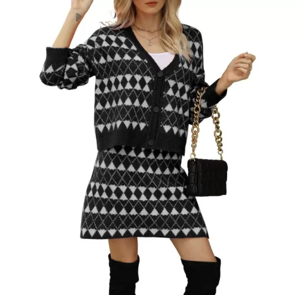 chouyatou Womens 2 Piece Outfits VNeck Cardigan Sweater Skirt Sets Argyle Two Piece Fall OutfitsBlack