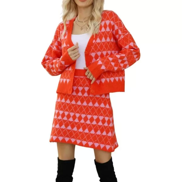 chouyatou Womens 2 Piece Outfits VNeck Cardigan Sweater Skirt Sets Argyle Two Piece Fall OutfitsRed