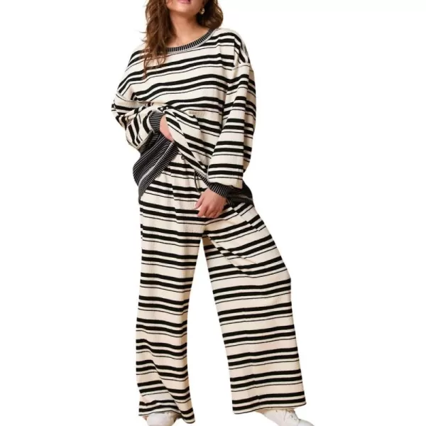 chouyatou Womens 2 Piece Sets Loose Fit Striped Sweater and Wide Leg Pant Two Piece Outfits LoungewearBlack