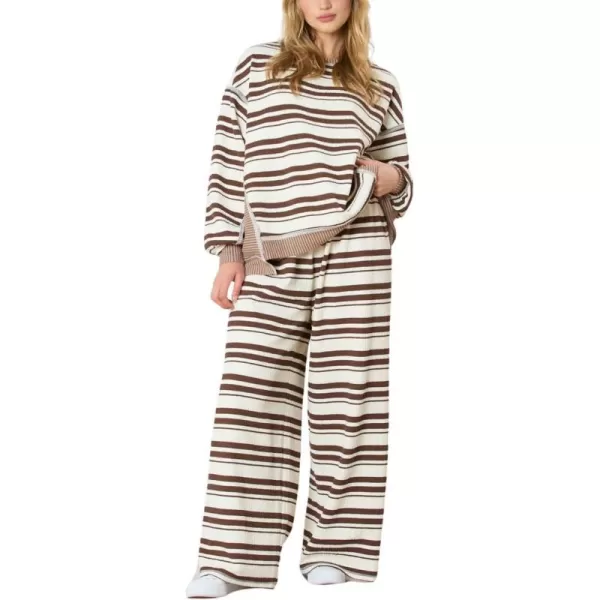 chouyatou Womens 2 Piece Sets Loose Fit Striped Sweater and Wide Leg Pant Two Piece Outfits LoungewearBrown