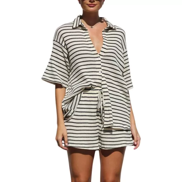 chouyatou Womens 2 Piece Sets Waffle Knitted Outfits Striped Button Down Shirt Shorts Matching Sets LoungewearBlack