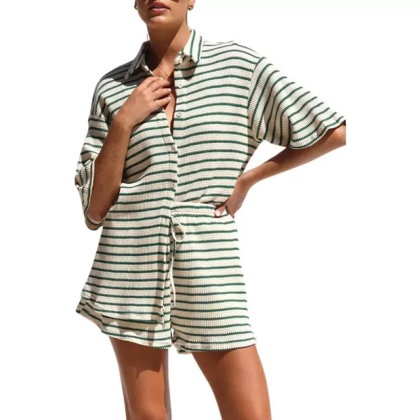 chouyatou Womens 2 Piece Sets Waffle Knitted Outfits Striped Button Down Shirt Shorts Matching Sets LoungewearGreen