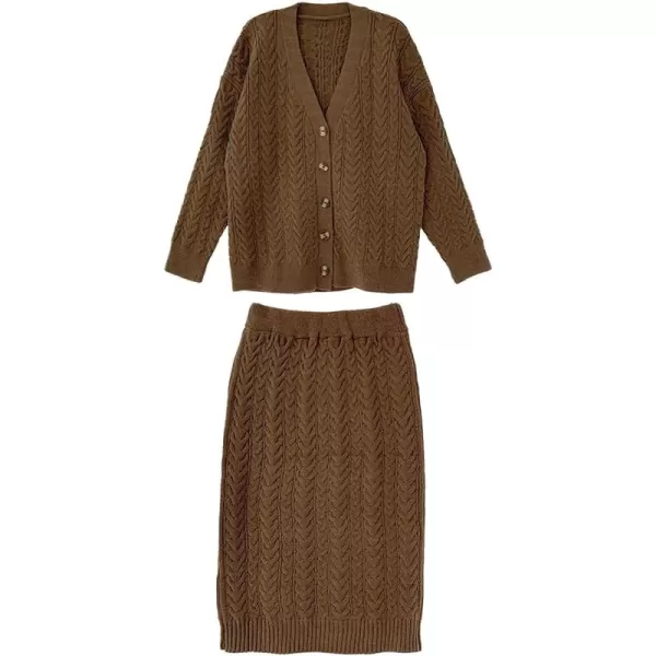 chouyatou Womens 2 Piece Sweater Skirt Set Outfits Cable Knit Button Cardigan Pencil Skirt SetsCoffee