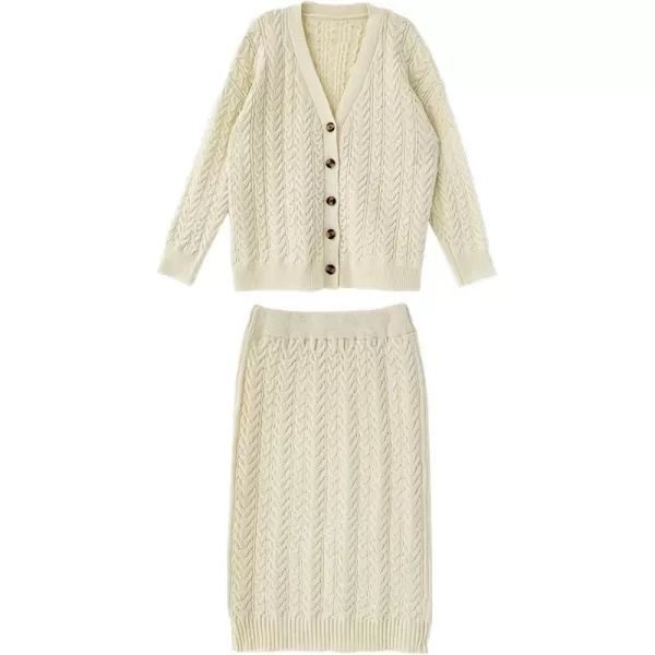 chouyatou Womens 2 Piece Sweater Skirt Set Outfits Cable Knit Button Cardigan Pencil Skirt SetsCream White