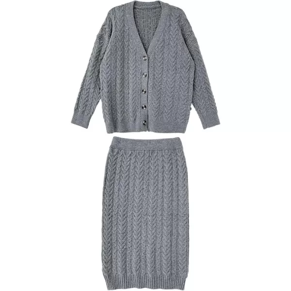 chouyatou Womens 2 Piece Sweater Skirt Set Outfits Cable Knit Button Cardigan Pencil Skirt SetsGrey