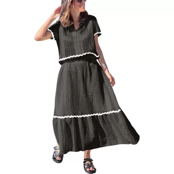 chouyatou Womens Crochet Knit 2 Piece Outfits Eyelet VNeck Collared Pullover Shirt ALine Skirt Sets LoungewearBlack