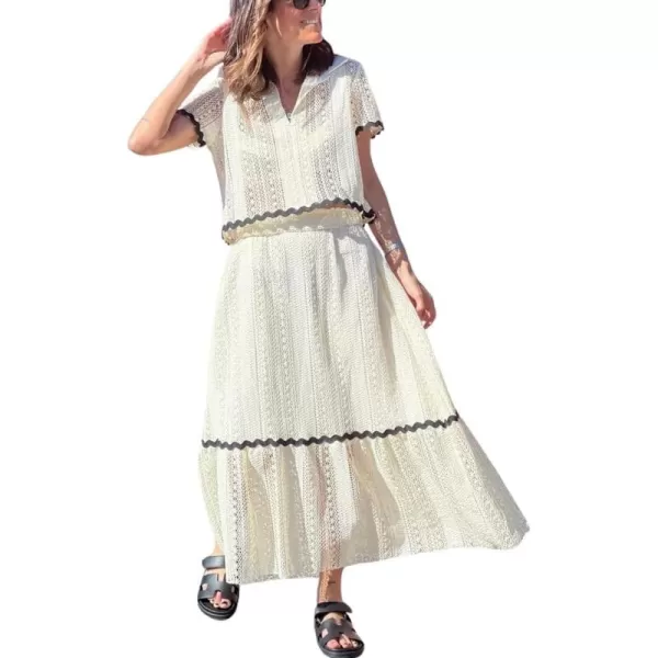 chouyatou Womens Crochet Knit 2 Piece Outfits Eyelet VNeck Collared Pullover Shirt ALine Skirt Sets LoungewearOffwhite