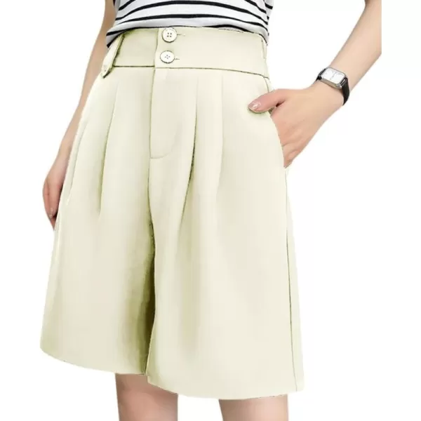 chouyatou Womens Elastic High Waisted Wide Leg Dressy Shorts Business Casual Work Palazzo Bermuda ShortsBeige White