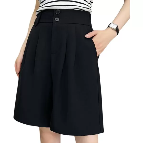 chouyatou Womens Elastic High Waisted Wide Leg Dressy Shorts Business Casual Work Palazzo Bermuda ShortsBlack