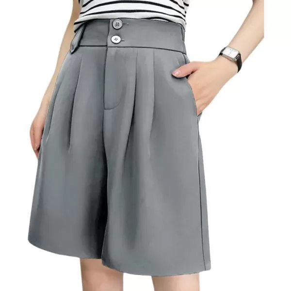 chouyatou Womens Elastic High Waisted Wide Leg Dressy Shorts Business Casual Work Palazzo Bermuda ShortsGray