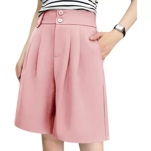 chouyatou Womens Elastic High Waisted Wide Leg Dressy Shorts Business Casual Work Palazzo Bermuda ShortsPink