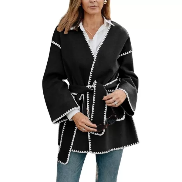 chouyatou Womens Fall Belted Embroidered Wool Jacket Business Casual Oversized Winter Wool CoatBlack White