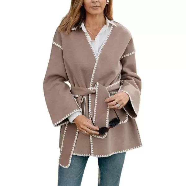 chouyatou Womens Fall Belted Embroidered Wool Jacket Business Casual Oversized Winter Wool CoatBrown