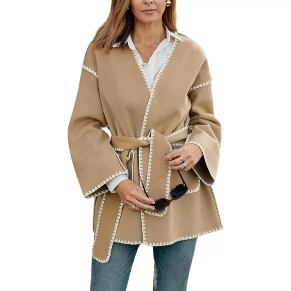 chouyatou Womens Fall Belted Embroidered Wool Jacket Business Casual Oversized Winter Wool CoatCamel