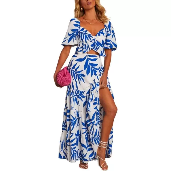 chouyatou Womens Summer Beach Coconut Palm Print 2 Piece Outfits Cropped Tops and High Waist Flared Skirt SetsBlue