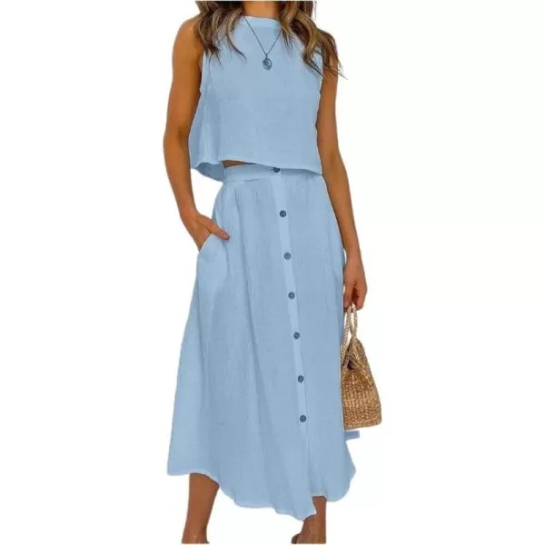 chouyatou Womens Summer Casual 2 Piece Outfits Crop Tank Top and Button Down Pocket Midi Skirt SetsBlue