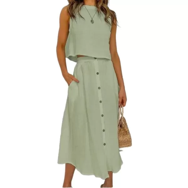 chouyatou Womens Summer Casual 2 Piece Outfits Crop Tank Top and Button Down Pocket Midi Skirt SetsGreen