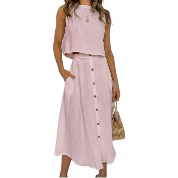 chouyatou Womens Summer Casual 2 Piece Outfits Crop Tank Top and Button Down Pocket Midi Skirt SetsPink