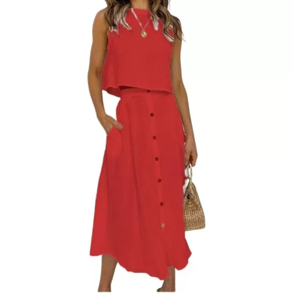 chouyatou Womens Summer Casual 2 Piece Outfits Crop Tank Top and Button Down Pocket Midi Skirt SetsRed