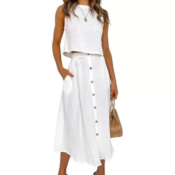 chouyatou Womens Summer Casual 2 Piece Outfits Crop Tank Top and Button Down Pocket Midi Skirt SetsWhite