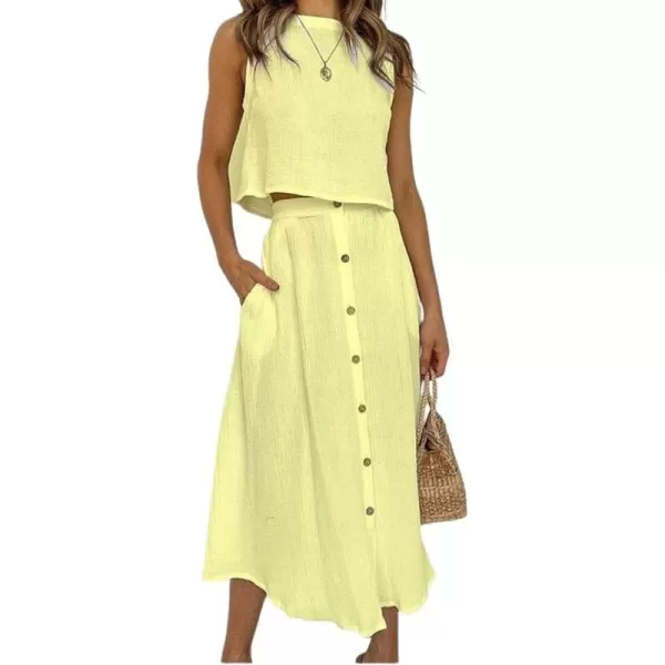 chouyatou Womens Summer Casual 2 Piece Outfits Crop Tank Top and Button Down Pocket Midi Skirt SetsYellow
