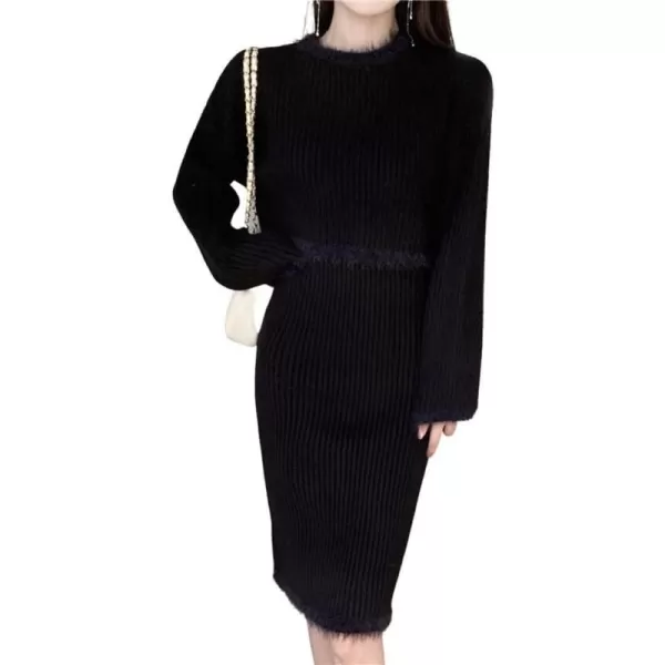 chouyatou Womens Two Piece Knit Sets Crewneck Sweater Pullover Tank Bodycon Dress 2 Piece OutfitsBlack