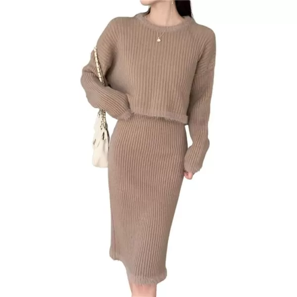 chouyatou Womens Two Piece Knit Sets Crewneck Sweater Pullover Tank Bodycon Dress 2 Piece OutfitsKhaki