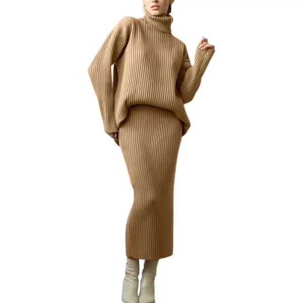 chouyatou Womens Two Piece Sweater Skirt Sets Ribbed Knit Turtleneck Sweater Bodycon Skirt 2 Piece OutfitsKhaki