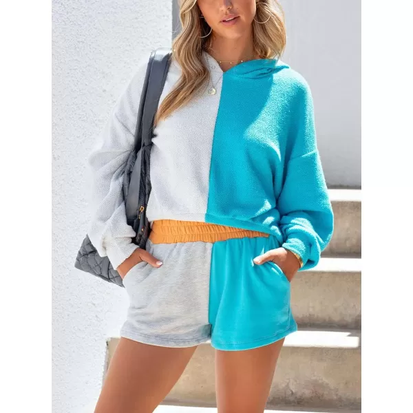 chouyatou Womens 2 Piece Outfits Color Block Long Sleeve Hooded Hoodie Sweatshirt Top Shorts SetsBlue Grey