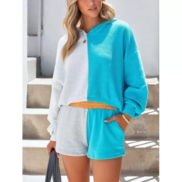 chouyatou Womens 2 Piece Outfits Color Block Long Sleeve Hooded Hoodie Sweatshirt Top Shorts SetsBlue Grey